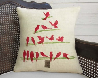 O Christmas Tree -  Burlap Christmas Pillow - Burlap Pillow - Decorative Bird Christmas Tree Pillow