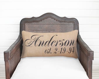 Personalized Name and Est Date Pillow -  Burlap Pillow Lumbar Style - Name Pillow - Date Pillow