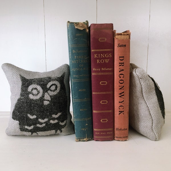 Owl -- Petit  Burlap Feed Sack Pillow Pair - Unique paper weight, bookends, pin cushion, etc - Owl Bookends
