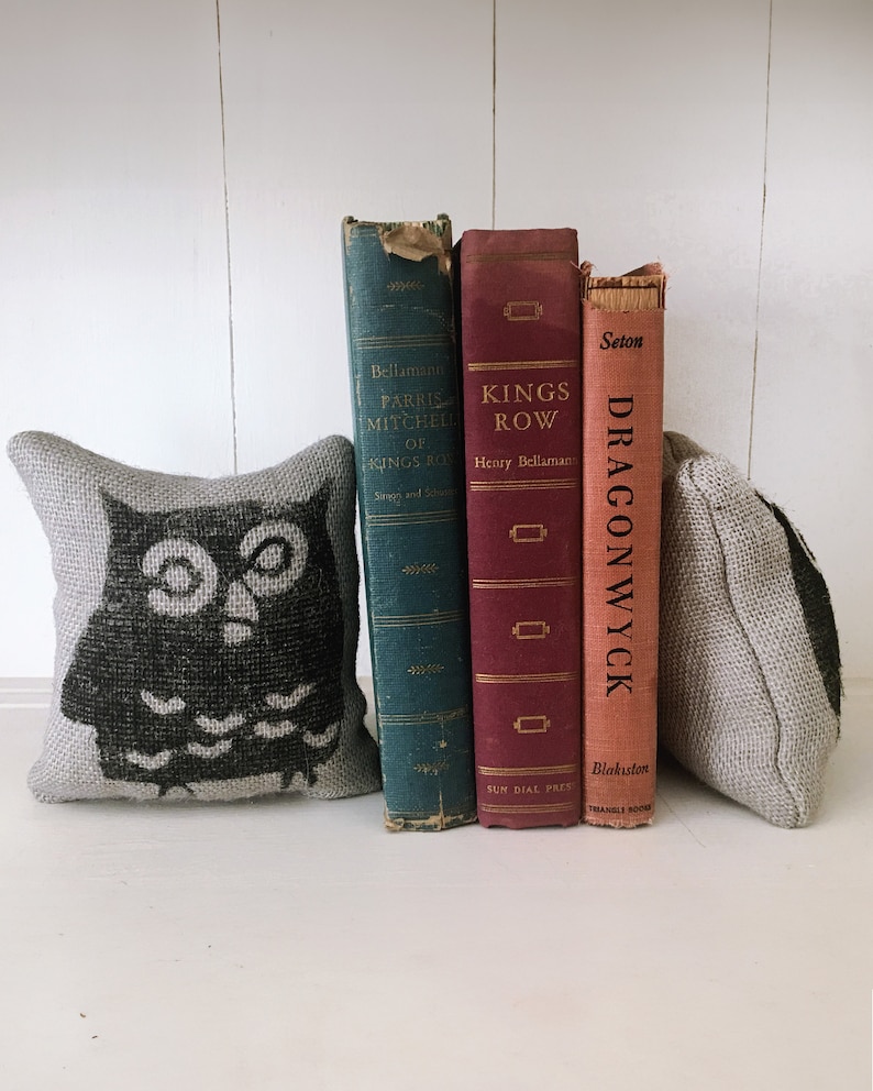 Owl Petit Burlap Feed Sack Pillow Pair Unique paper weight, bookends, pin cushion, etc Owl Bookends image 1