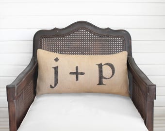 Love Letters - Burlap Pillow -  Feedsack Style - Personalize with you and your sweetie's initial - Custom Monogram Pillow
