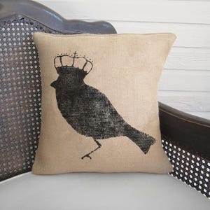 Bird with Crown - Burlap Pillow - Bird Pillow