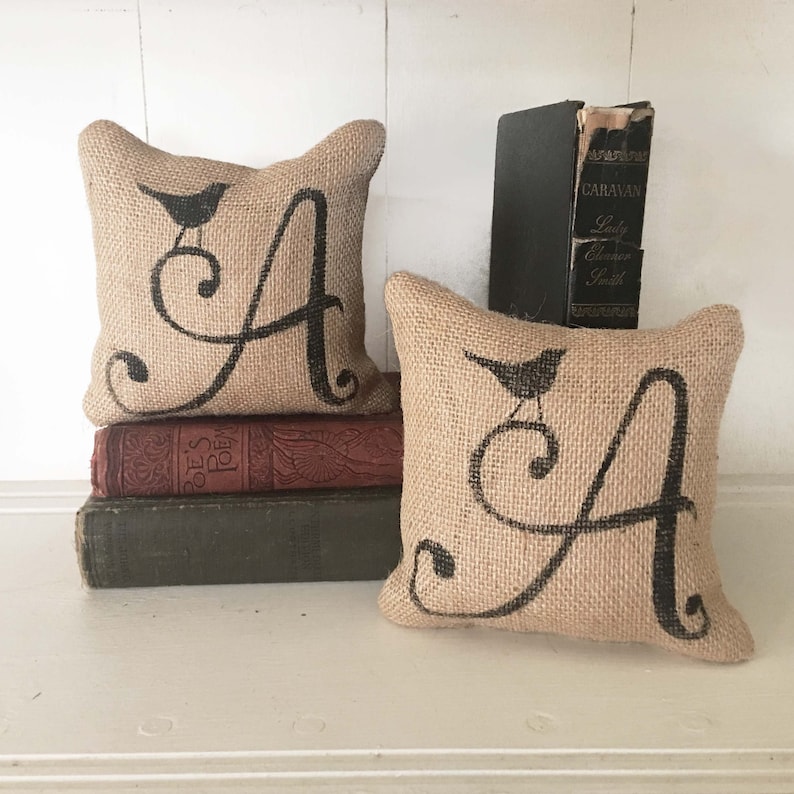 Bird Monogram Letter bookends Petit Burlap Feed Sack Pillow Pair Unique paper weight, bookends, pin cushion, etc image 5