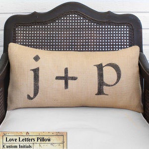 Love Letters Burlap Pillow Feedsack Style Personalize with you and your sweetie's initial Custom Monogram Pillow image 1