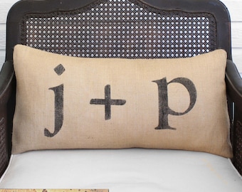 Love Letters - Burlap Pillow -  Feedsack Style - Personalize with you and your sweetie's initial - Custom Monogram Pillow