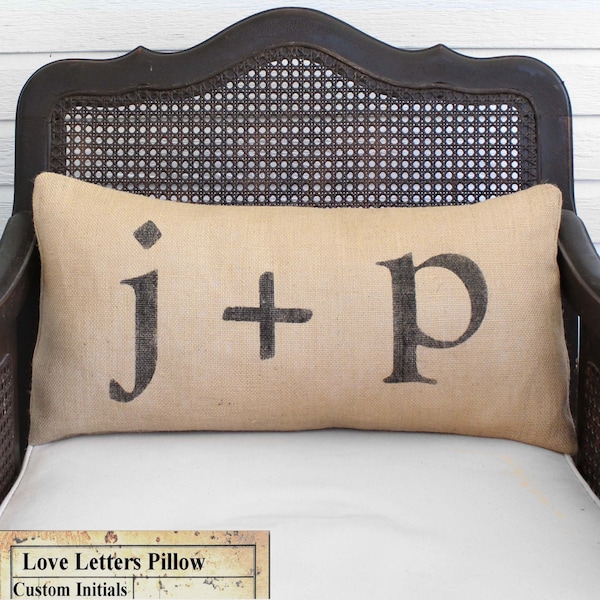 Love Letters - Burlap Pillow -  Feedsack Style - Personalize with you and your sweetie's initial - Custom Monogram Pillow