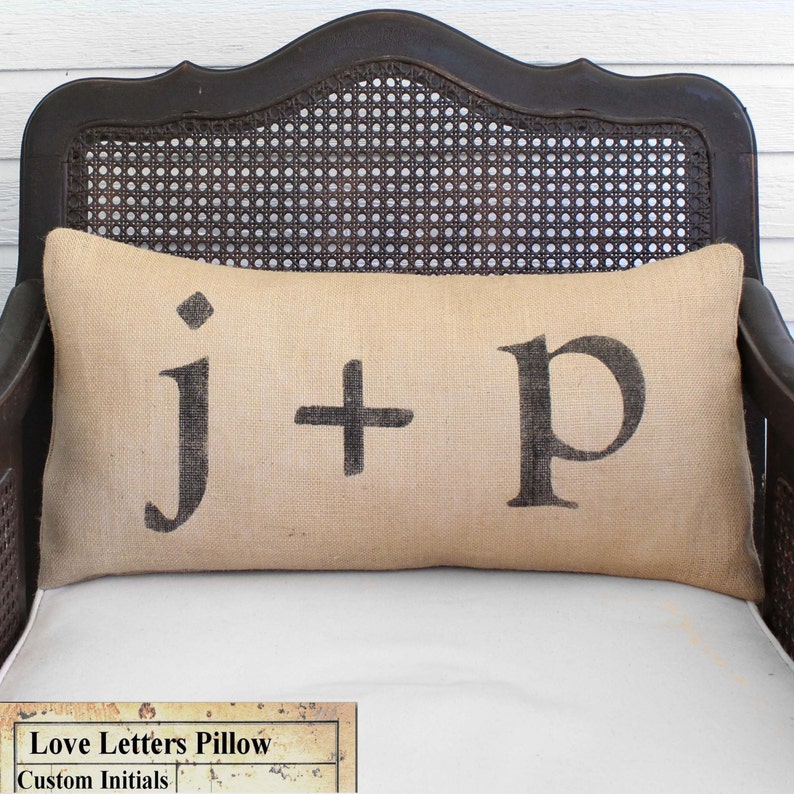 Love Letters Burlap Pillow Feedsack Style Personalize with you and your sweetie's initial Custom Monogram Pillow image 1