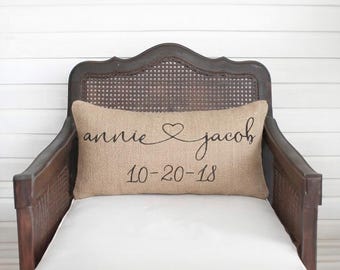 Hearts Together Cursive Script -  Burlap Pillow -  Personalize with you and your sweetie's name and special date - Decor Valentine Pillow