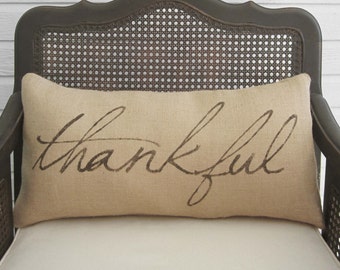 Thankful-  Burlap Pillow - Fall Pillow - Thanksgiving Decor