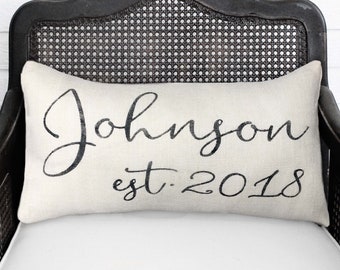 Calligraphy Name Pillow with est. date -  Burlap Pillow Lumbar Style - Name Pillow - Date Pillow