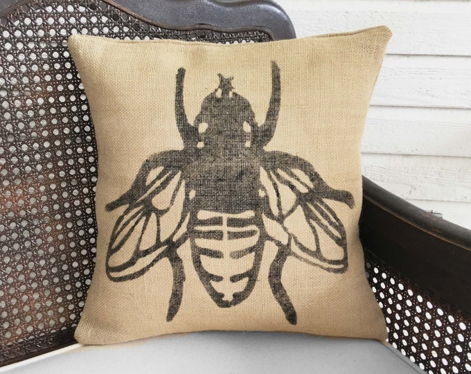 Save the Bees - Decorative Burlap Pillow - Bumble Bee Pillow - Honey Bee Decor