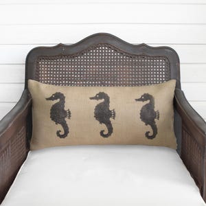 Seahorse Pillow - Burlap Pillow - Coastal Pillow - Lumbar Pillow - Beach Cottage - Nautical Decor - Throw Pillow image 1