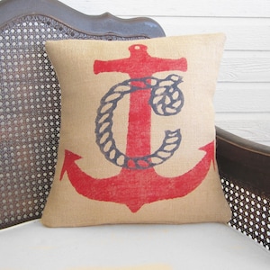Nautical Anchor Monogram Pillow - Burlap Pillow - Nautical Decor - Monogram Pillow - Nautical Monogram - Personalized - Red, Navy, White image 1