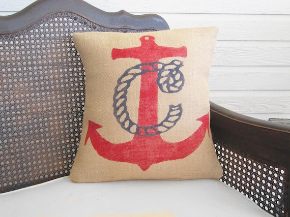 Nautical Anchor Monogram Pillow  - Burlap Pillow - Nautical  Decor -  Monogram Pillow - Nautical Monogram - Personalized - Red, Navy, White