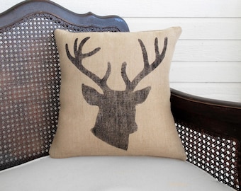 Woodland Deer  - Burlap  Pillow - Stag Head Pillow  -  Deer Head Pillow - Antler Pillow - Deer Pillow - Fall Pillow