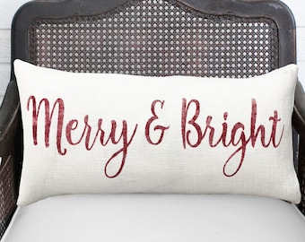 Merry and Bright Pillow -  Burlap Christmas - Red and White Christmas - Farmhouse Christmas - Holiday Quote Pillow -