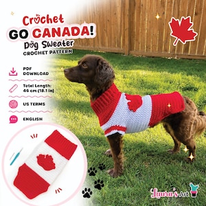 Può includere: Un maglione per cani all'uncinetto con un design a bandiera canadese rossa e bianca e un motivo a foglia d'acero. Il modello ha una lunghezza totale di 46 cm ed è disponibile come download PDF in inglese con termini di uncinetto statunitensi.