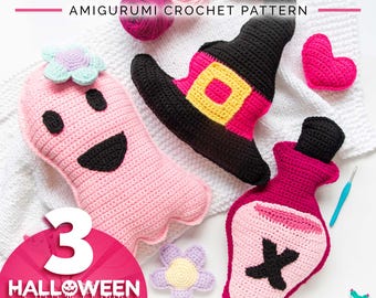 May include: A collection of handmade crochet Halloween pillows in pink, black, and yellow. The set includes a ghost, witch hat, heart, and potion bottle. The image also includes the text "Halloween Crochet Pillow Bundle" and "3 Halloween Pillow Designs PDF Download".