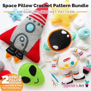 May include: A collection of crochet space-themed pillows and amigurumi. The set includes a red and gray rocket, a yellow star, a green alien, and an astronaut. The text "Space Pillow Crochet Pattern Bundle" and "Amigurumi Crochet Pattern" are visible.