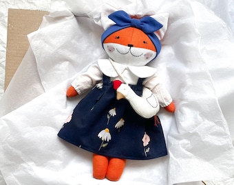 Linen Fox Doll for Nursery Decor, Handmade Textile Rag Toy with Removable Clothes, Woodland Baby Gift