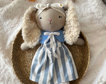 Rag doll bunny, Handmade rabbit doll, Textile doll handmade, Stuffed heirloom doll, Bunny linen doll, Art doll, Handmade toy, Gifts for kids