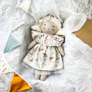 Handmade sheep doll in dress, linen lamb doll, sheep stuffed animal, lamb doll with outfit, doll for two year old, custom soft sheep doll