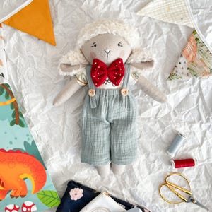Lamb linen doll, textile sheep doll handmade, stuffed animal doll, soft fabric lamb doll, doll with clothes, heirloom toy, rag doll
