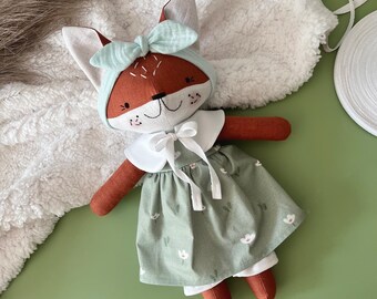 Handmade fabric Fox doll, Soft doll nature linen fabric, Handmade stuffed toy, Textile doll, Heirloom doll, Rag doll, Gifts for children