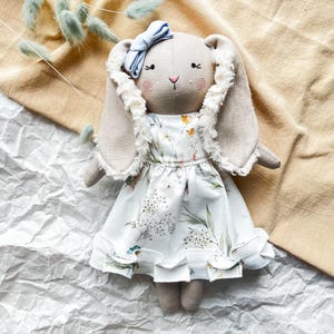 Adorable Handmade Rabbit Fabric Doll - Stuffed Bunny Toy, bunny linen doll, heirloom bunny doll, textile bunny doll, rag doll rabbit
