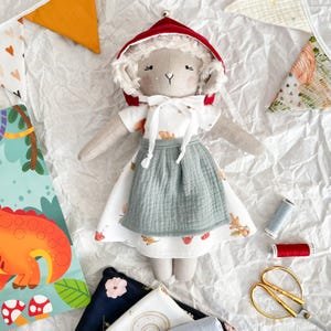Handmade fabric sheep doll, linen lamb doll, stuffed heirloom doll, textile sheep toy, art doll animal, rag doll, soft toy, sewing doll
