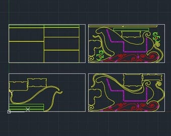May include: A digital illustration of a sleigh with a yellow outline, red and purple details, and a green and yellow design on the back. The sleigh is shown in four different stages of construction.