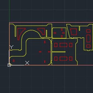 May include: A yellow and red floor plan with a variety of rooms and hallways. The plan is drawn on a dark grey background.