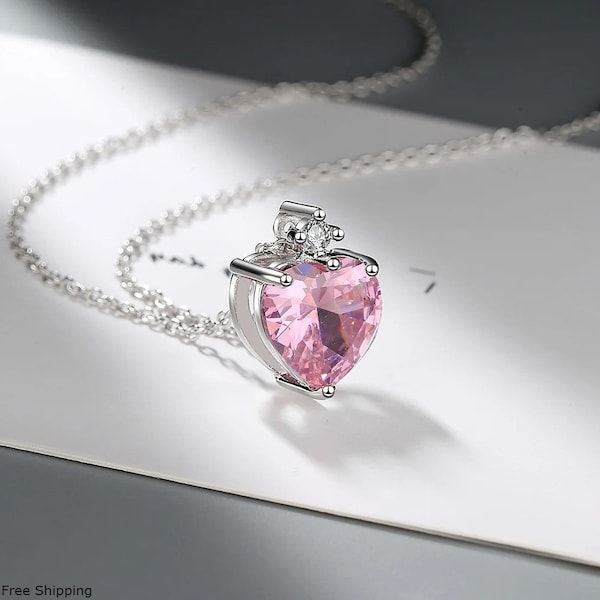 Pink CZ Heart Silver Pendant Necklace, Pink Love Heart Necklace, Minimalist Crystal Heart Necklace, Dainty Crystal Heart Silver Necklace