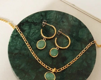 Groene jade ketting en oorbellen set, sieradenset voor vrouwen, kerstcadeau, schattige gouden ketting, vergulde oorbellen voor haar