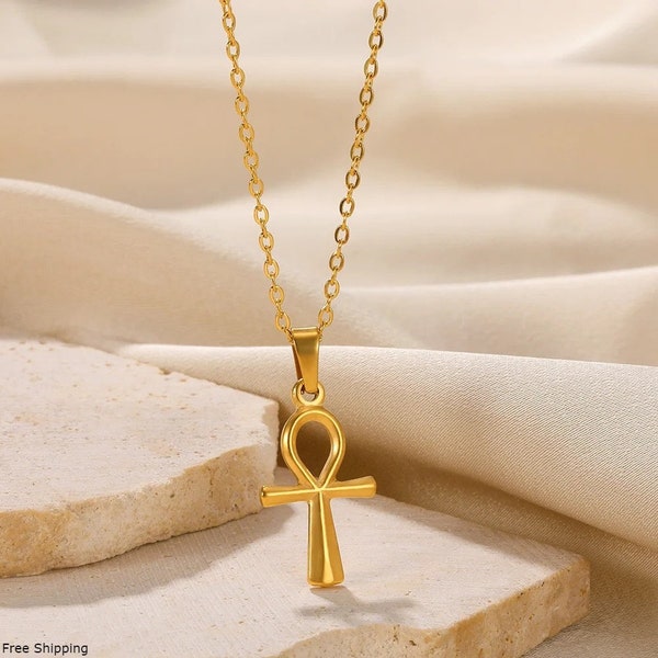 Collier doré avec pendentif croix égyptienne | Croix d'Ankh | Ankh | Chaîne en acier inoxydable gaufrée Dainty | Bijoux symboliques