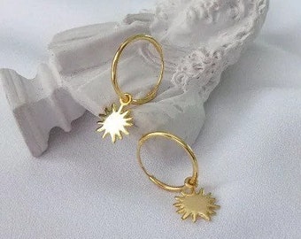 Sun Huggie Hoop Earrings by Tessan • Diamond Sunburst Charm Earrings • Dainty Boho Jewelry • Friendship Gift • Gift For Her