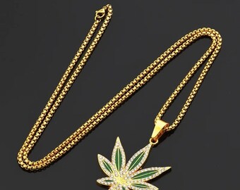 Strass wiet hanger ketting, Stoner sieraden, cannabis charme, marihuanablad hanger, wietblad ketting