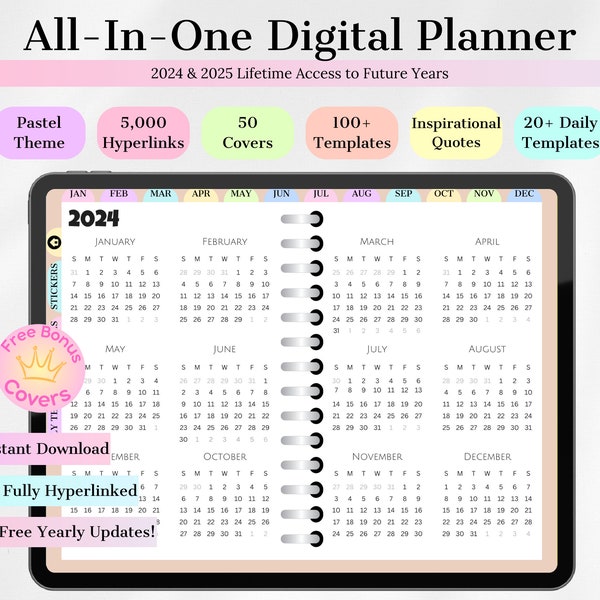 All-In-One Digital Planner 2024, 2025, Digital Planner, Digital Journal, Digital Goodnotes Template, Notability, Daily Planner