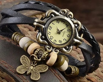 Montres-bracelets en cuir véritable fabriquées à la main pour femme - Longueur réglable, parfaites pour les couples