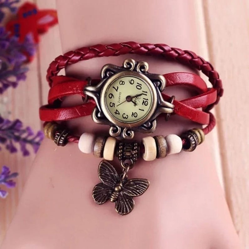 Montres-bracelets en cuir véritable fabriquées à la main pour femme Longueur réglable, parfaites pour les couples Rouge