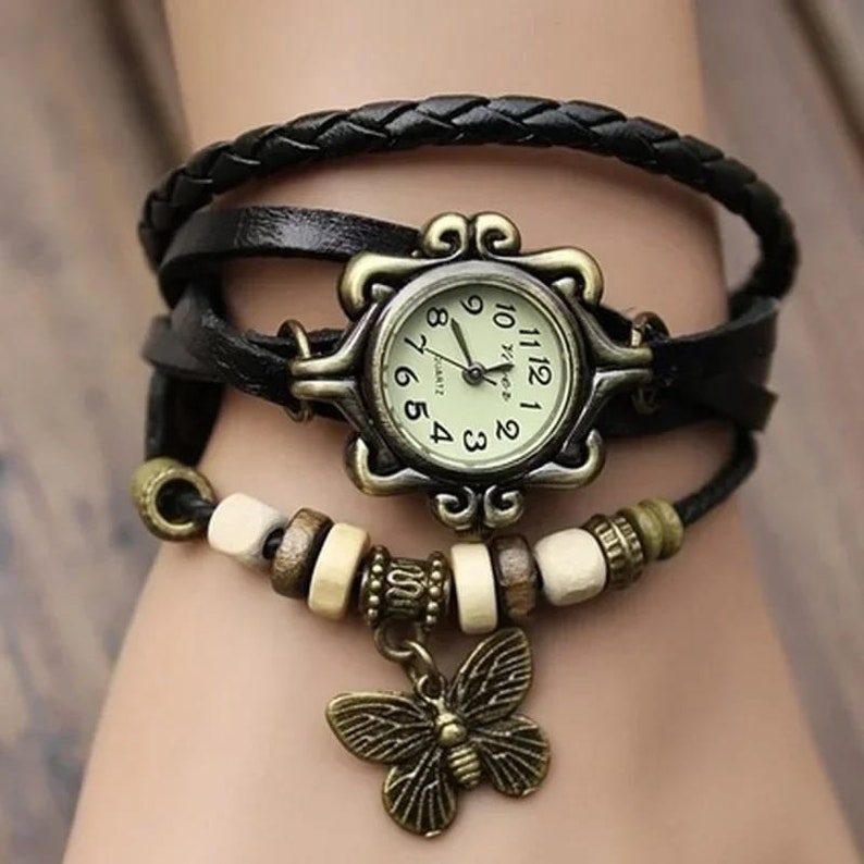 Montres-bracelets en cuir véritable fabriquées à la main pour femme Longueur réglable, parfaites pour les couples Noir