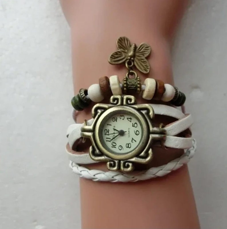 Montres-bracelets en cuir véritable fabriquées à la main pour femme Longueur réglable, parfaites pour les couples Blanc