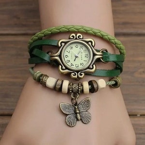 Montres-bracelets en cuir véritable fabriquées à la main pour femme Longueur réglable, parfaites pour les couples Vert