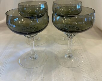 Vintage Japanese Sasaki Smoked Green Coupe Glasses Set of 4