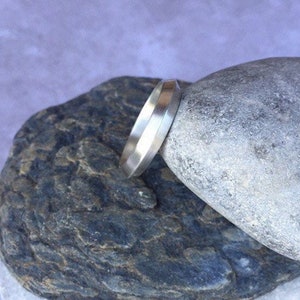 Peut inclure: Une bague en argent avec un bord plat et biseaut&eacute;. La bague repose sur une roche grise.