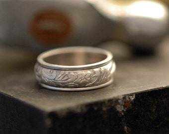 Floral Spinner Ring in Polished Sterling Silver - Handmade Upon Order - Nickel Free Meditation Band - Solid Silver, NOT Plated