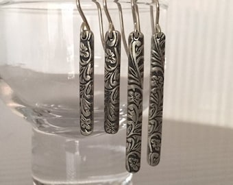 Floral Bar Drop Earrings in Sterling Silver - Nickel Free - Flower and Scroll Pattern