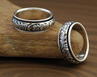 Handcrafted Floral Spinner Ring in Sterling Silver - Made in the Las Vegas - Nickel Free