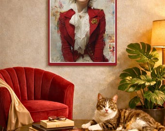 French Inspired Retro Glam Woman– Elegant Red Jacket Portrait – Vintage Fashion Wall Art Printable. HIgh quality PDF. 5 sizes.US,European.