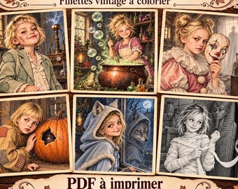 20 High-Quality Grayscale Coloring Pages, Little Halloween Frights, Vintage Little Girls to Color, Medium Grayscale, 3 Downloadable PDFs